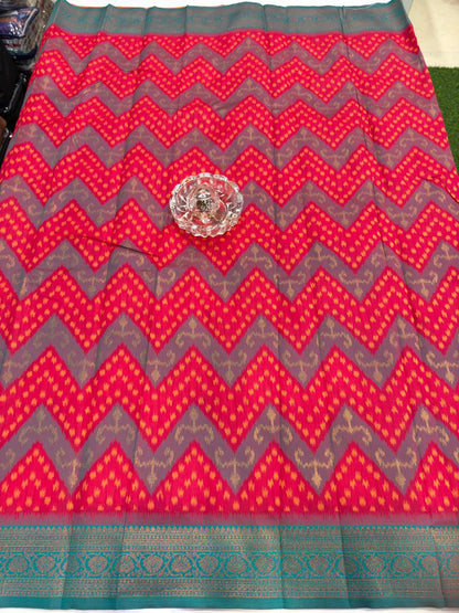 Soft Silk Ikkat Pochampally Saree with Traditional Woven Border and Blouse Piece for Women