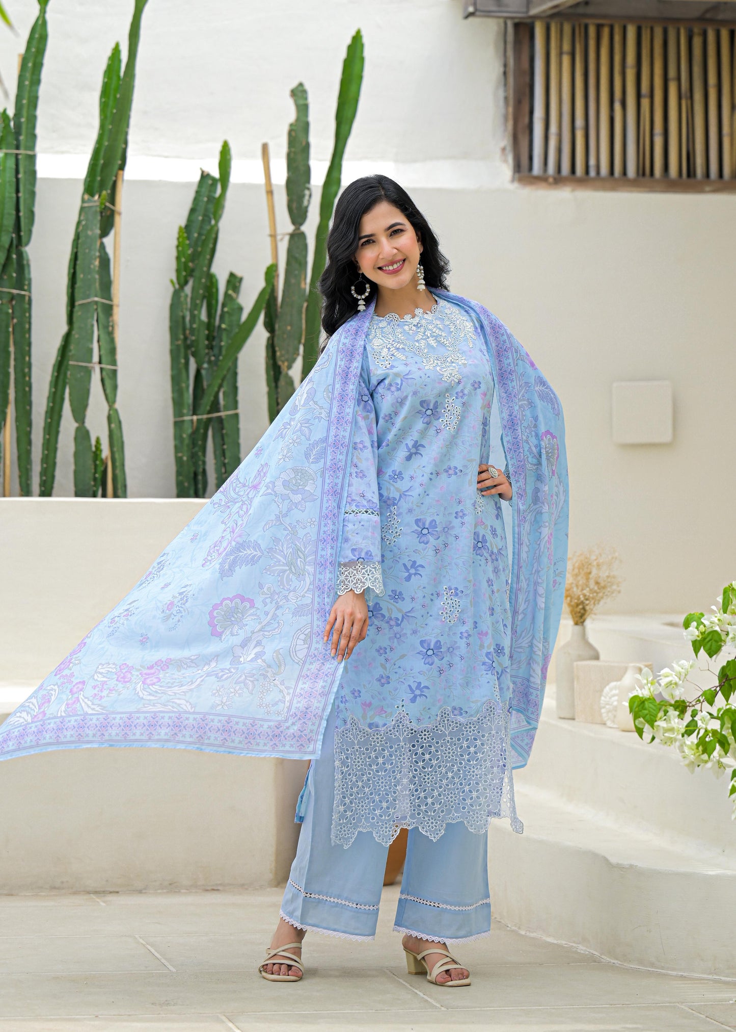 Women’s Pastel Blue Cotton Suit Set with White Lace Embroidery and Dupatta – Sizes M to 3XL