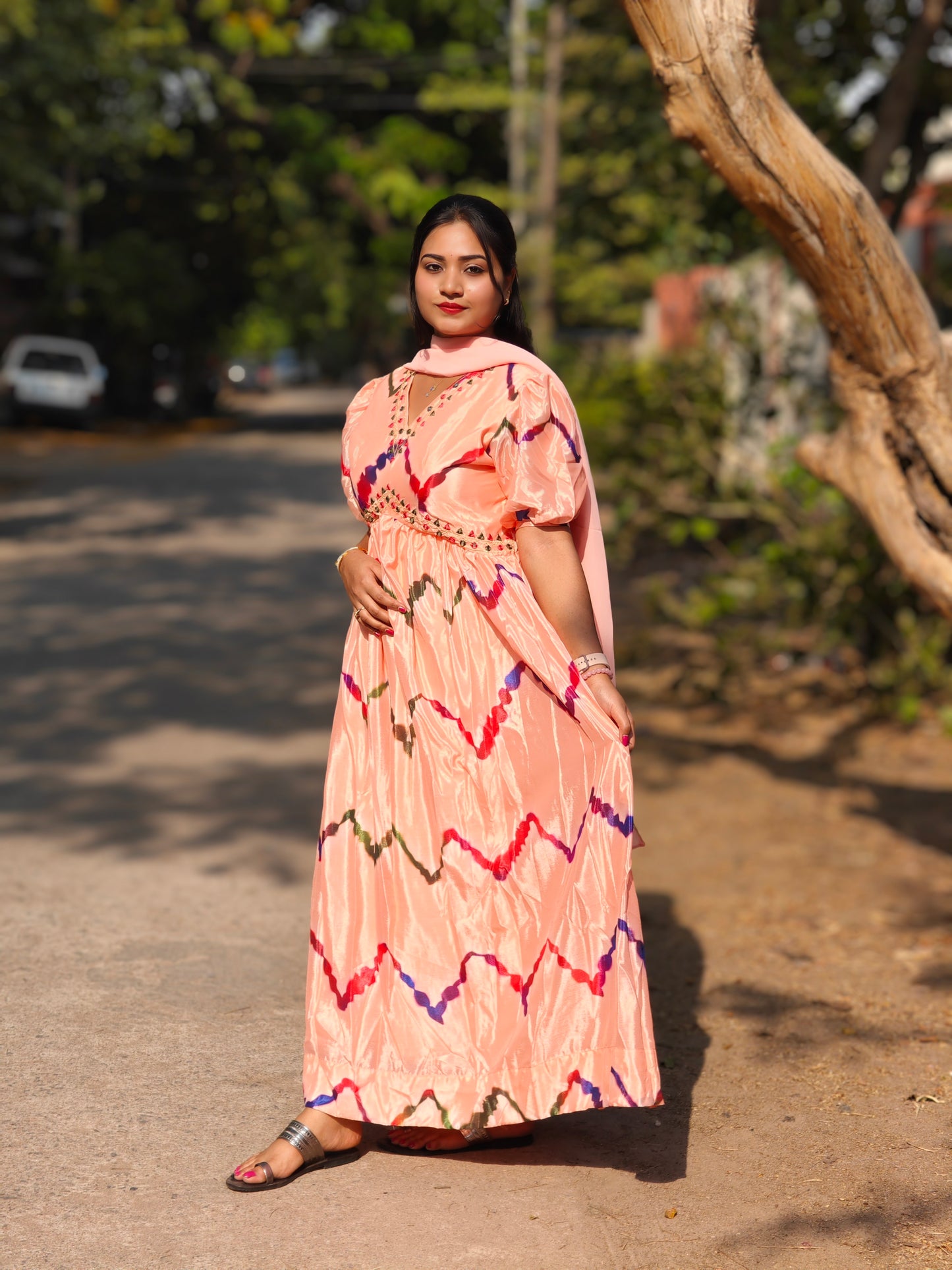 Peach Chinnon Alia Cut Kurta with Balloon Sleeves, Pant and Dupatta – Women’s Festive Set (L to 2XL)