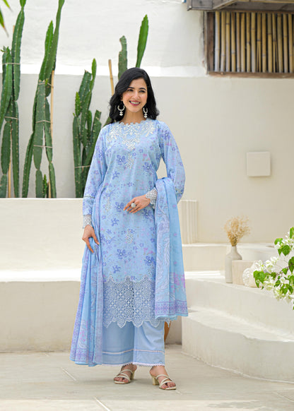 Women’s Pastel Blue Cotton Suit Set with White Lace Embroidery and Dupatta – Sizes M to 3XL