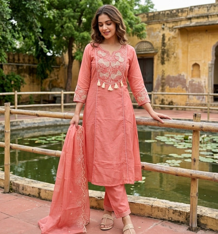 Mul Chanderi Patch Work Kurta Pant Dupatta Set for Women with Lining, Embroidered Yoke and Tassel Detailing