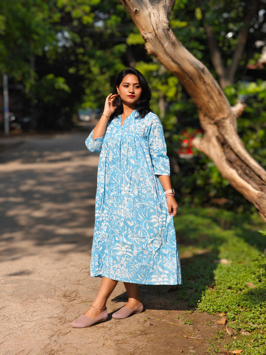 Sky Blue Cotton Floral Printed Flared Dress for Women with V-Neck – L to 2XL