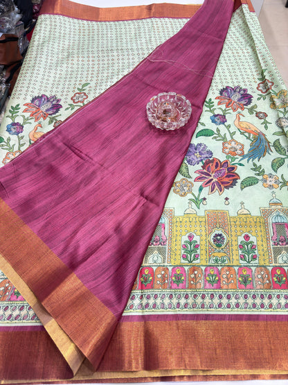 Soft Tussar Silk Printed Saree with Contrast Border, Tassels and Blouse for Women