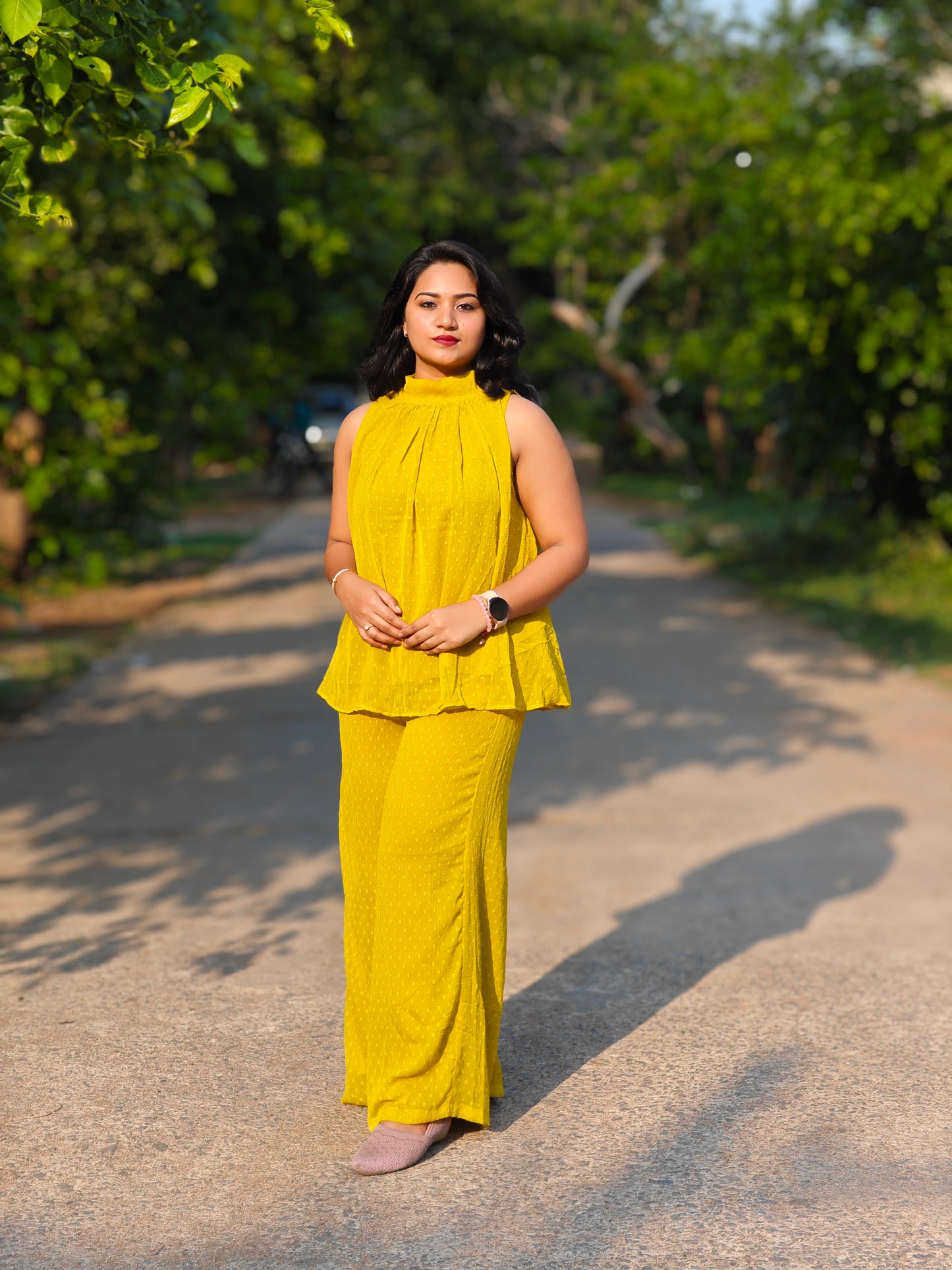 Yellow Dobby Chiffon Sleeveless Co-Ord Set for Women – Solid Halter Top with Flared Pants