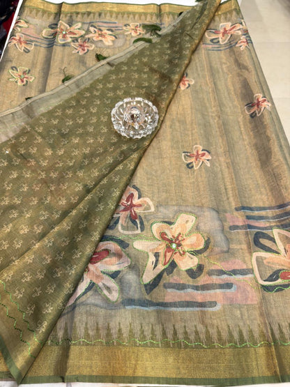 Erode Cotton Printed Saree with Aari Work and Tassel Pallu with Blouse Piece for Women