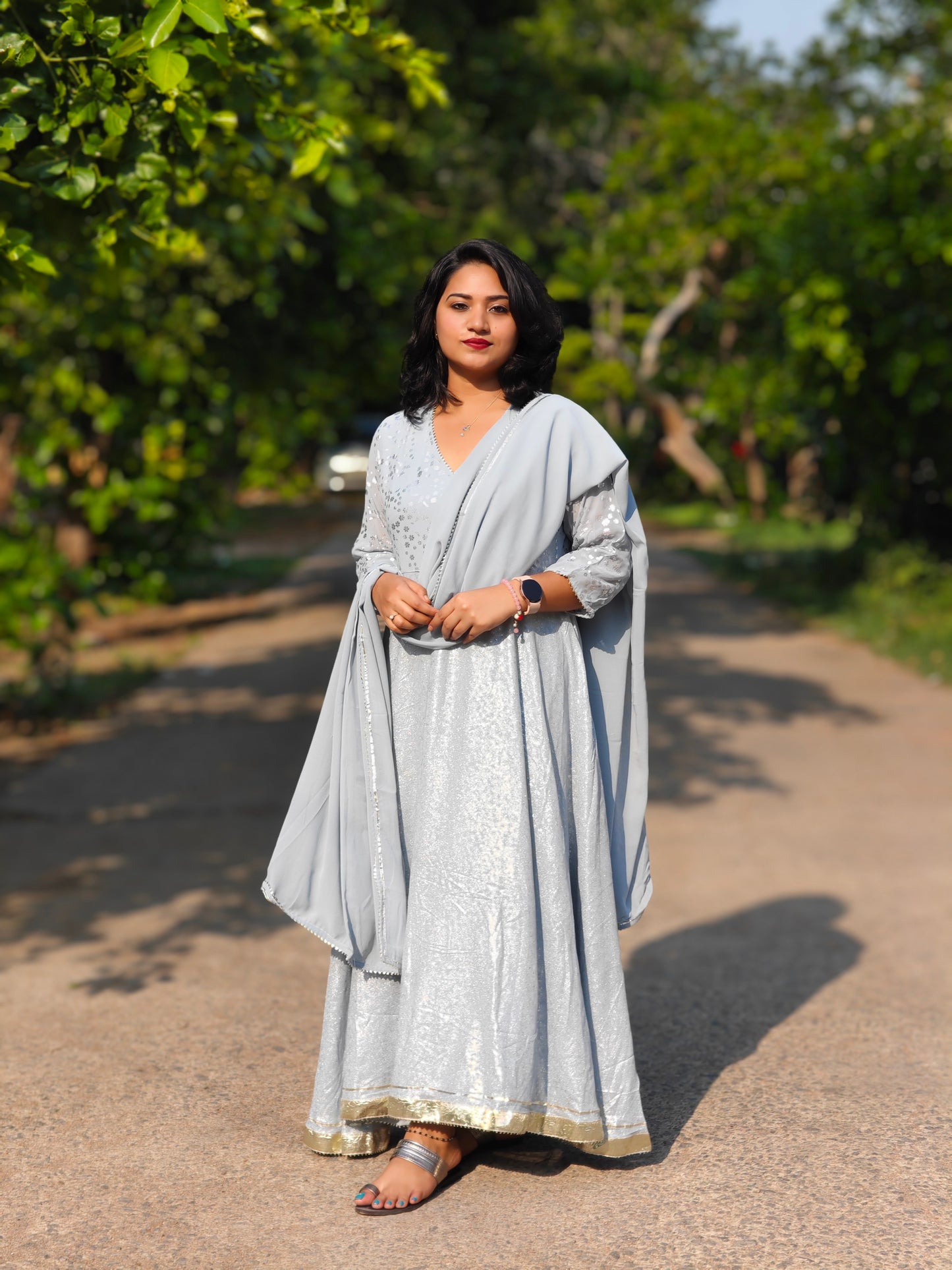 Grey Georgette Foil Print Kurta with Dupatta – Women’s Festive Ethnic Wear