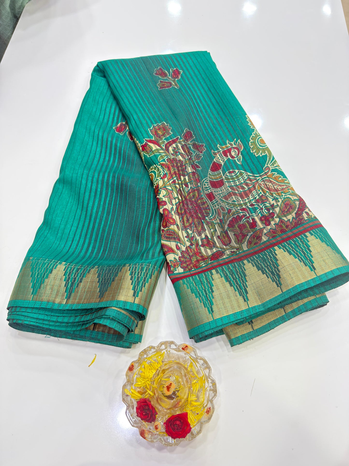 Printed Silk Blend Saree for Women with Temple Border and Traditional Ethnic Design