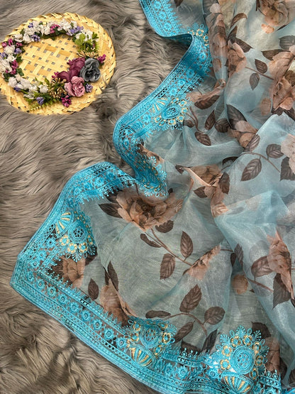 Organza Silk Saree with Digital Print and Viscos Thread Work – Banglori Silk Blouse Included