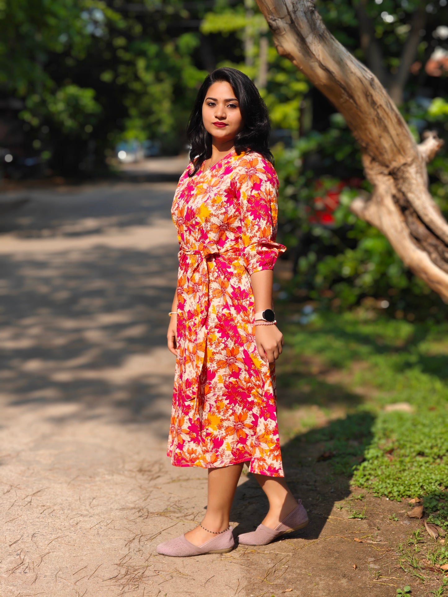 Multicolour Cotton Floral A-Line Midi Dress for Women – Sizes S to 3XL