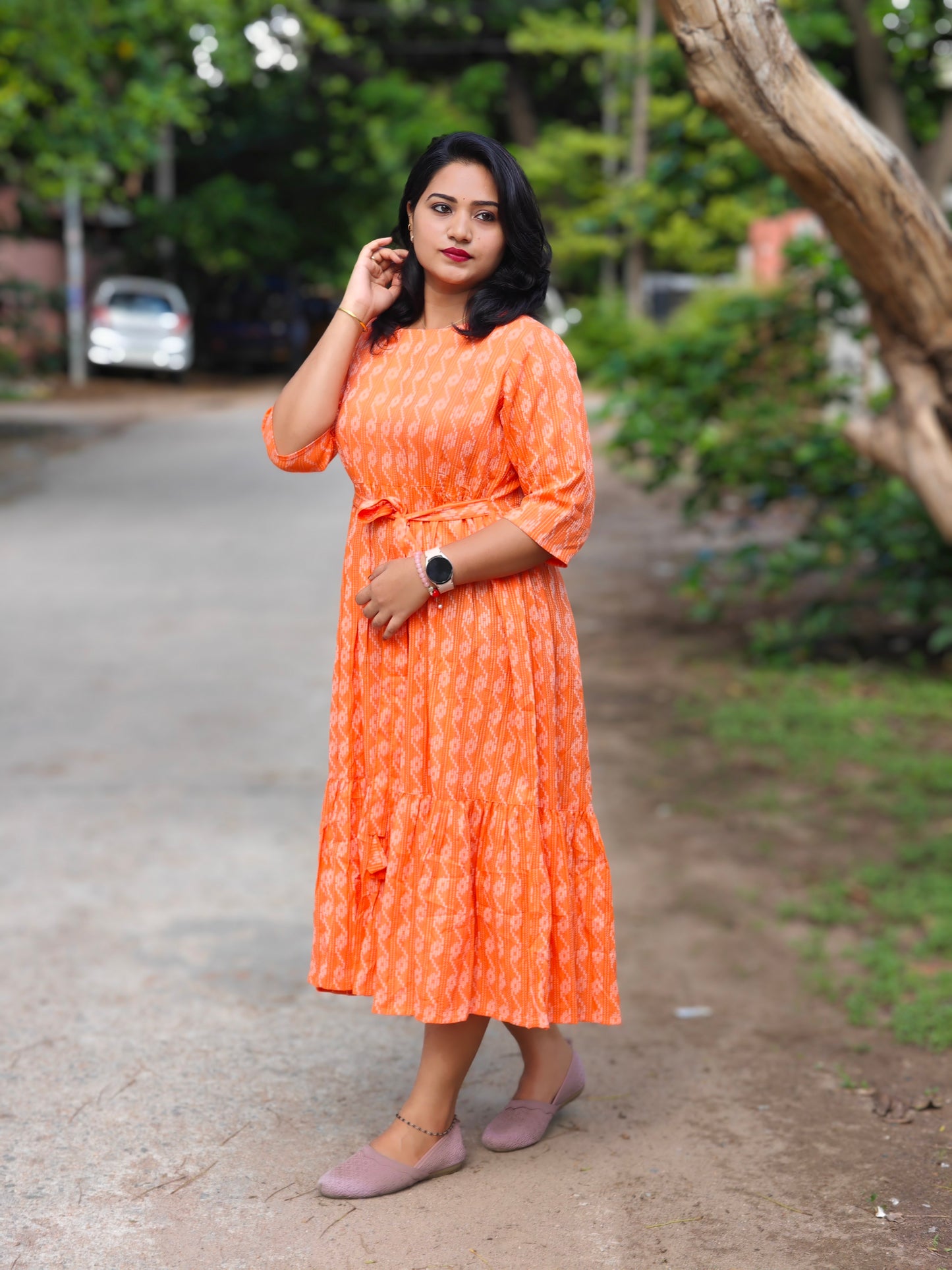 Orange Cotton Woven Design Tiered Western Dress for Women – Sizes S to 3XL