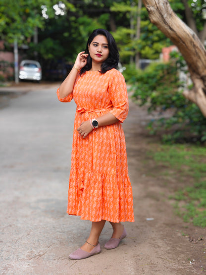 Orange Cotton Woven Design Tiered Western Dress for Women – Sizes S to 3XL