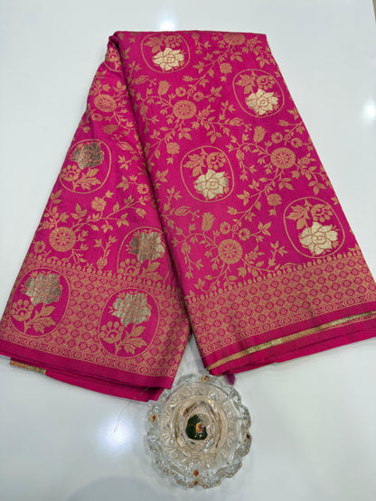 Soft Dola Silk Meenakari Woven Saree with Rich Pallu, Zari Floral Border and Tassels for Women