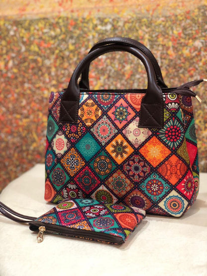 Dove Handbag cum Sling Bag in Block Printed Fabric with Double Partition and External Pouch – Women’s Bag