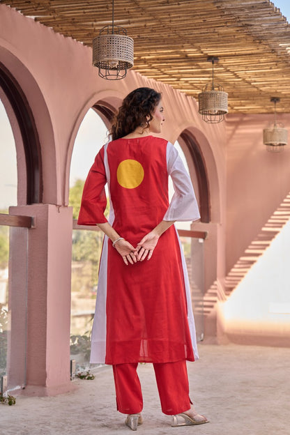 Cotton Flex Kurti Pant Set for Women, Red Printed Straight Kurti with Pant, M to XXL