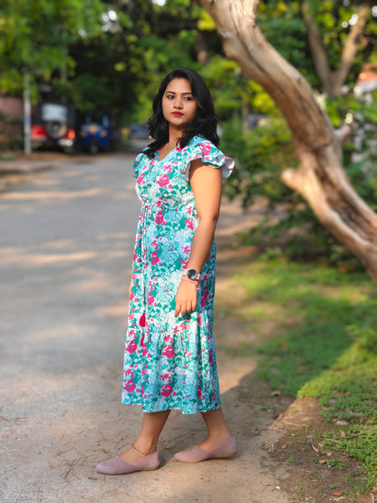 Green Moss Digital Floral Printed A-Line Dress for Women – Sizes M & L