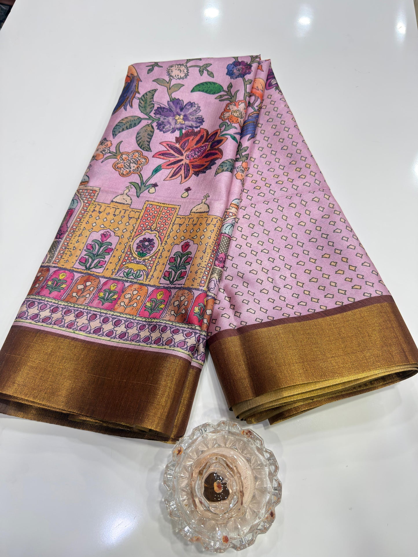 Soft Tussar Silk Printed Saree with Contrast Border, Tassels and Blouse for Women