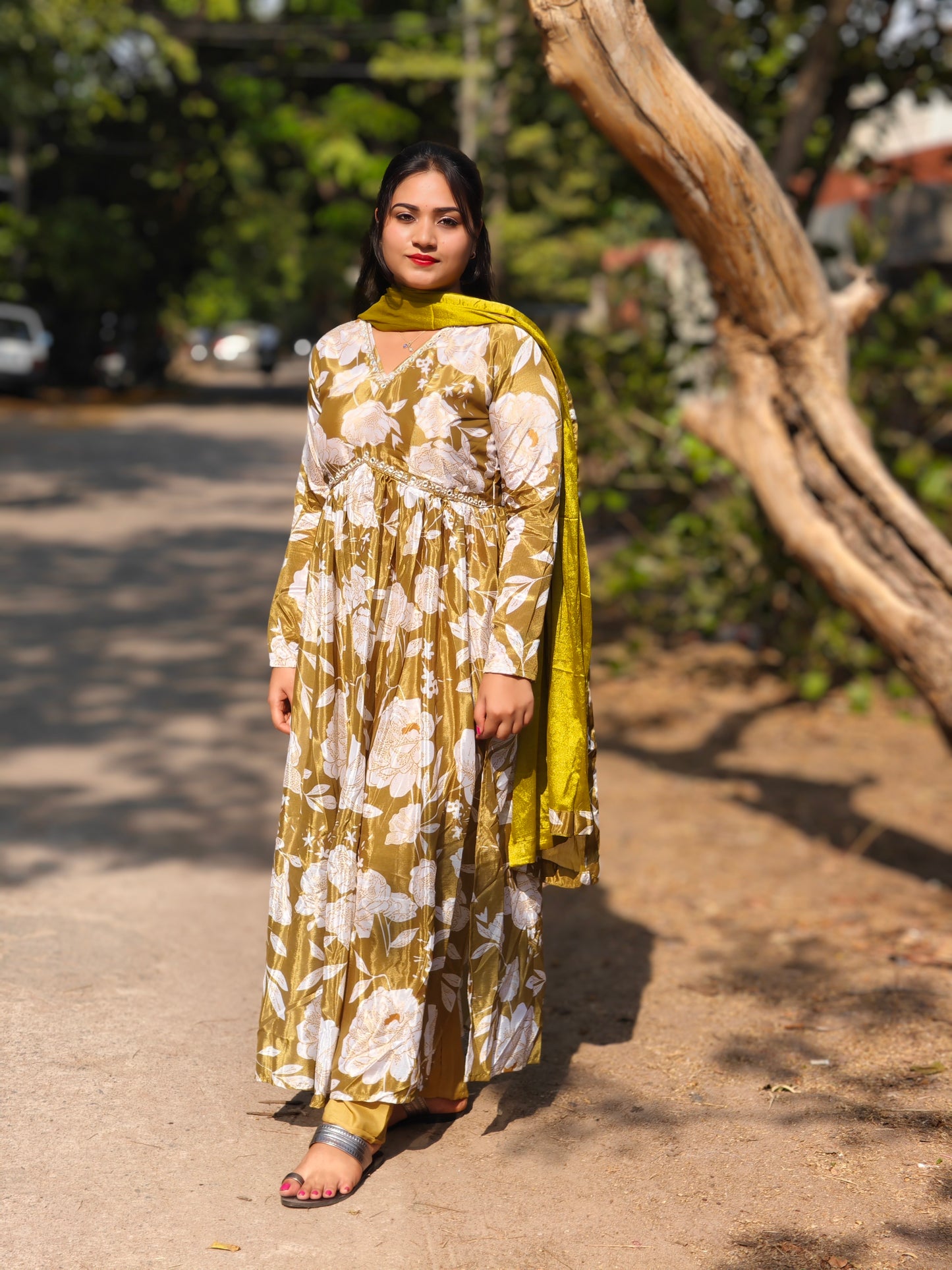 Olive Green Chinnon Alia Cut Suit Set with Printed Kurta, Pant and Dupatta – Women’s Festive Wear