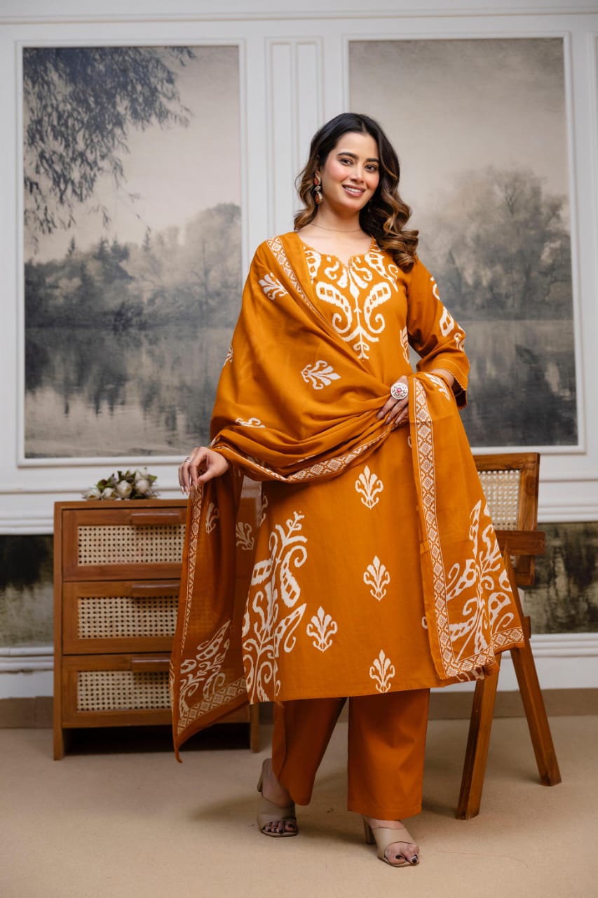 Women’s cotton 60x60 kurta pant dupatta set mustard rust, white motif print, v neck, three piece suit, sizes M-3XL
