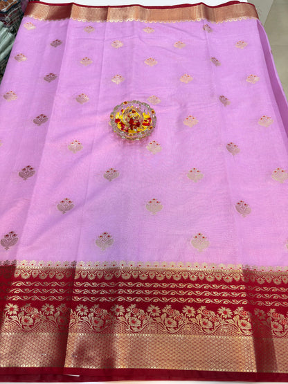 Banarasi Semi RW Mango Silk Saree for Women with Zari Buta, Contrast Border, Designer Pallu and Brocade Blouse