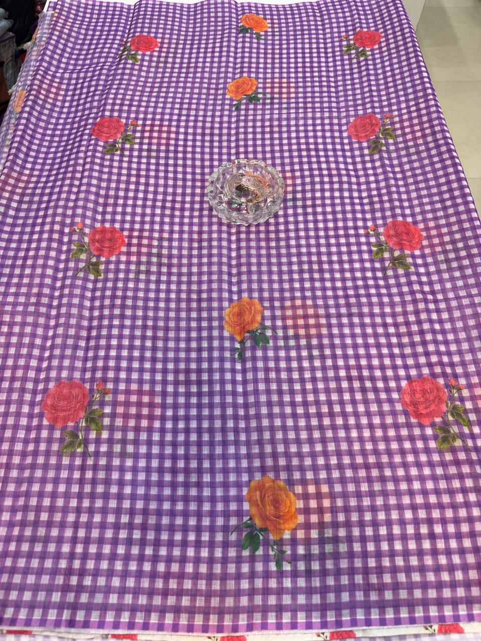 Linen Checks Printed Saree with Rose Floral Design and Matching Blouse for Women
