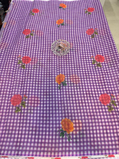 Linen Checks Printed Saree with Rose Floral Design and Matching Blouse for Women