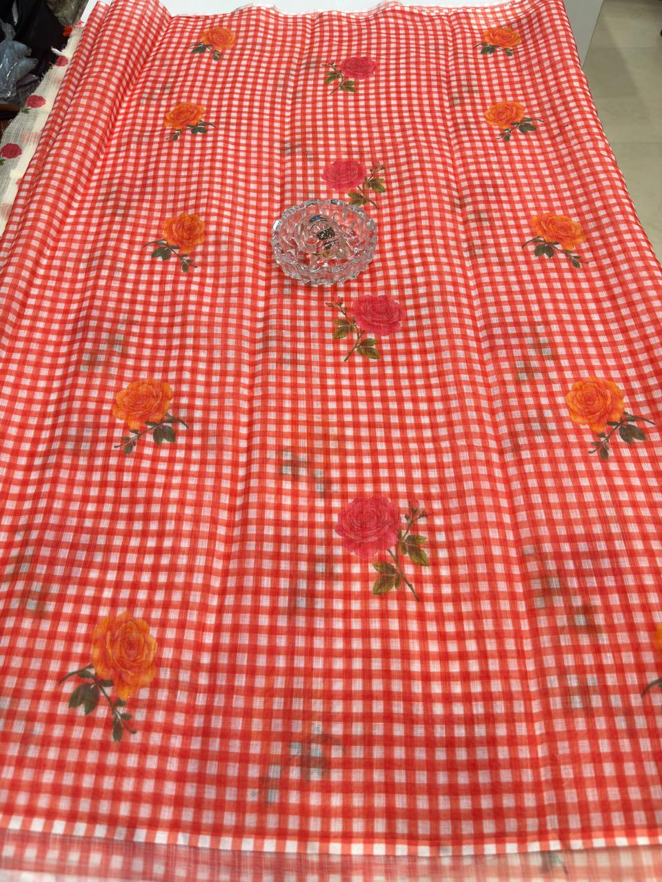Linen Checks Printed Saree with Rose Floral Design and Matching Blouse for Women