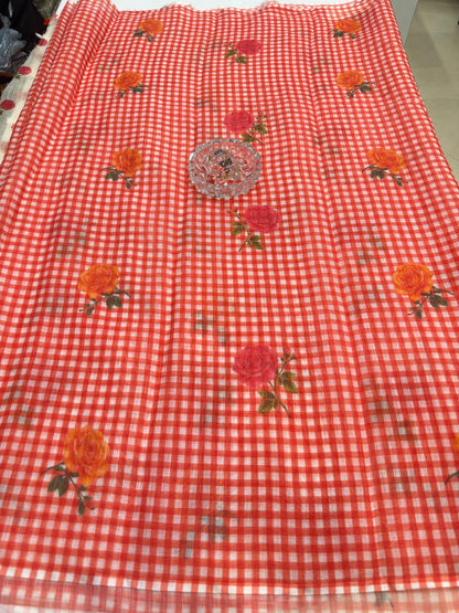 Linen Checks Printed Saree with Rose Floral Design and Matching Blouse for Women