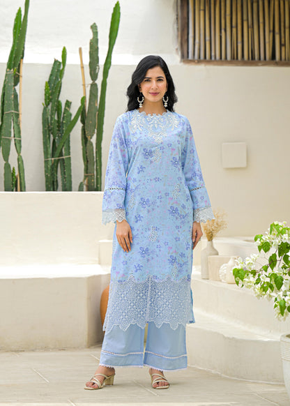 Women’s Pastel Blue Cotton Suit Set with White Lace Embroidery and Dupatta – Sizes M to 3XL