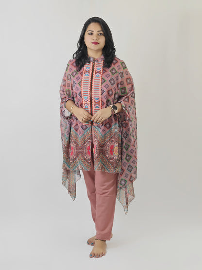 Cape-style printed chiffon top with cotton inner and linen cotton bottom – embroidered women’s festive co-ord set