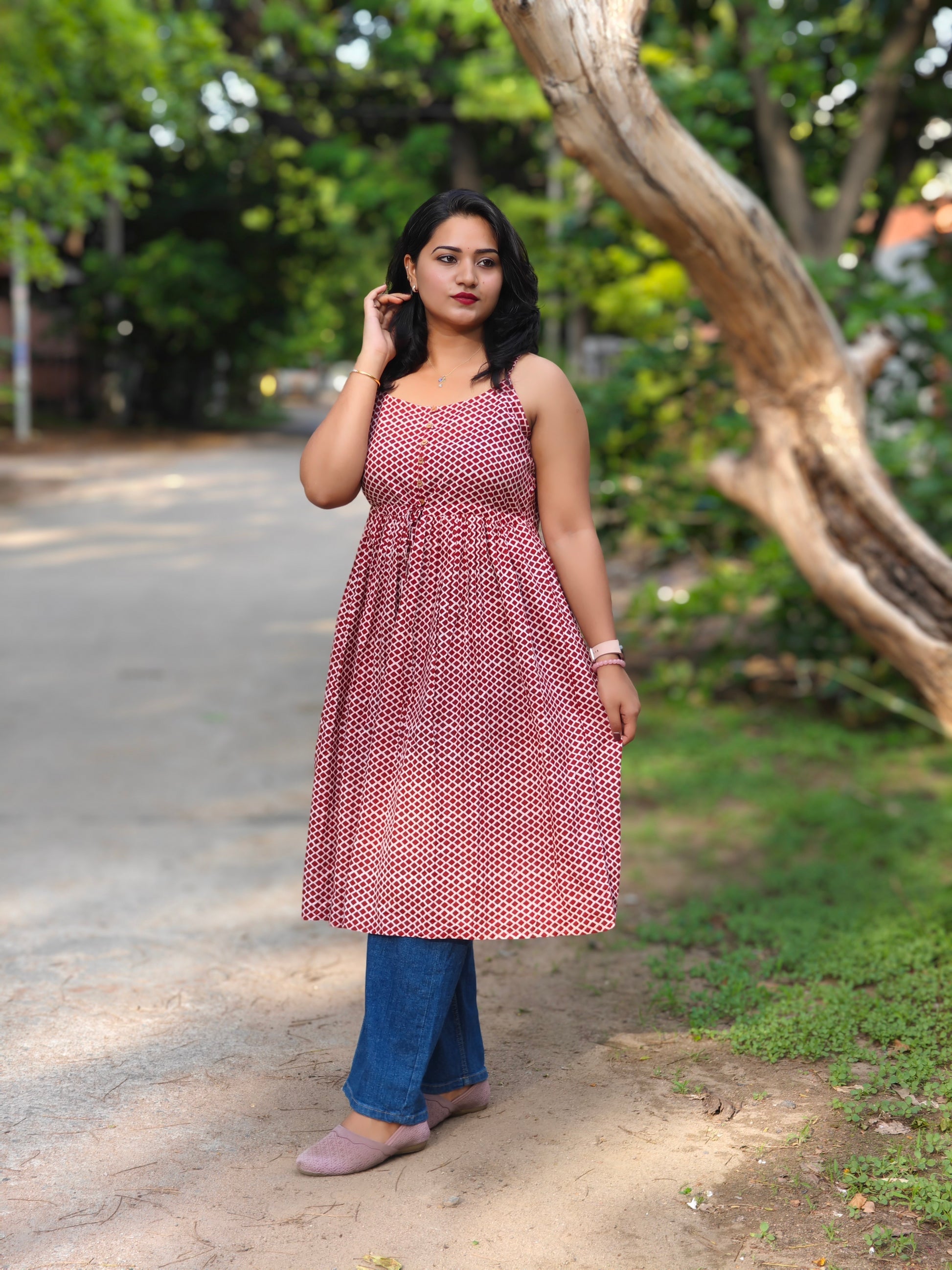 Red Cotton Geometric Print Flared Western Dress for Women Sizes M to 2XL 2XL Red Cotton Geometric Print Flared Western Dress for Women Sizes M to 2XL 2XL