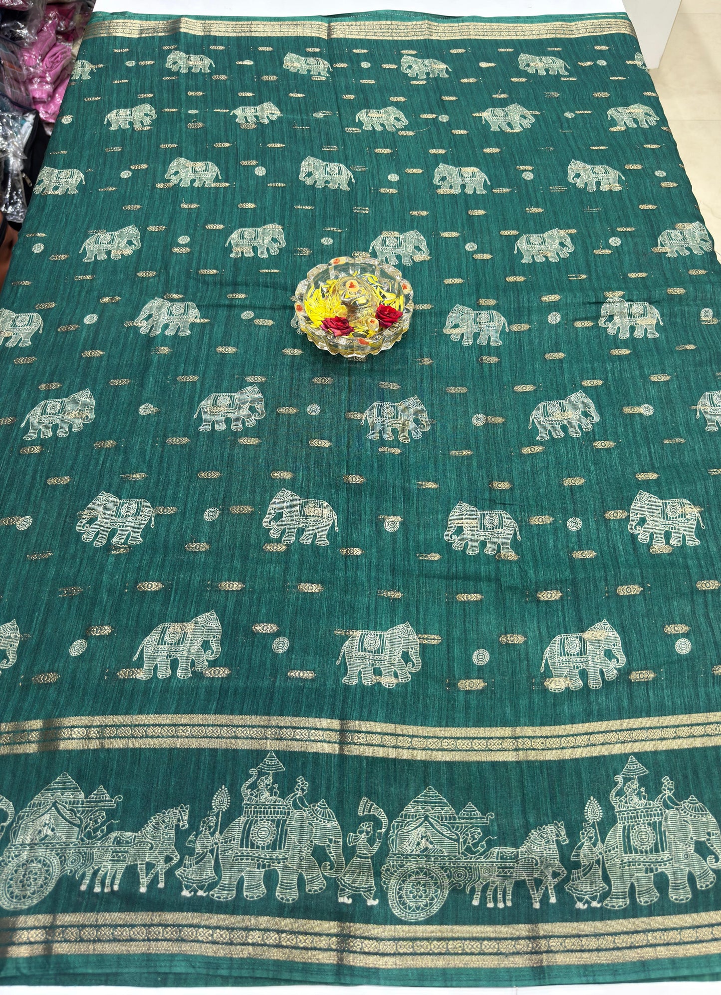 Silk Blend Saree for Women with Elephant Motifs and Traditional Woven Border