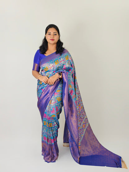 Nylon Silk Saree with Patola Print and Gold Zari Border for Women