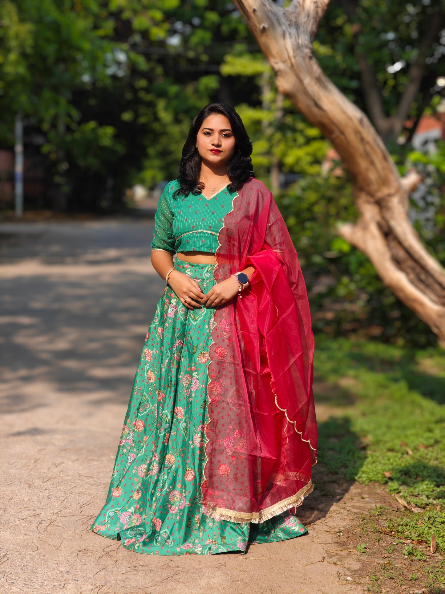 Green Crepe Silk Floral Printed Lehenga Choli with Dupatta for Women – Sizes S to 2XL