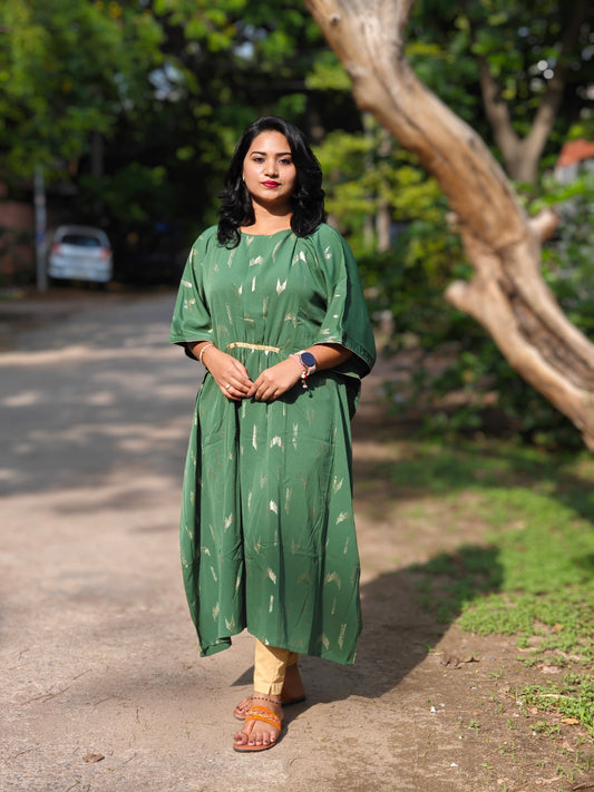 Women’s Green Embellished Kaftan Dress with Waist Tie – Sizes S to L