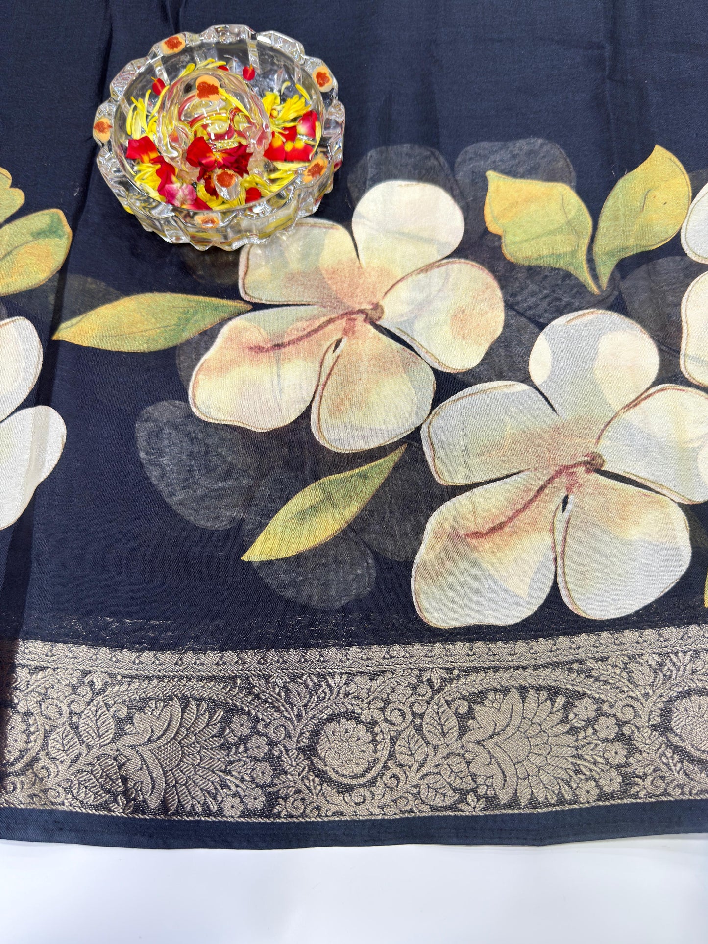 Floral Printed Semi Silk Saree for Women with Woven Border and Elegant Ethnic Design
