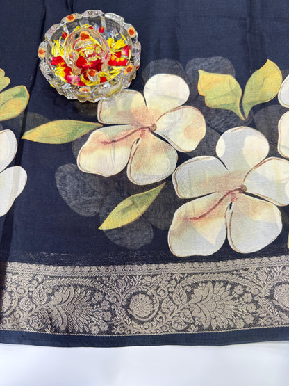 Floral Printed Semi Silk Saree for Women with Woven Border and Elegant Ethnic Design