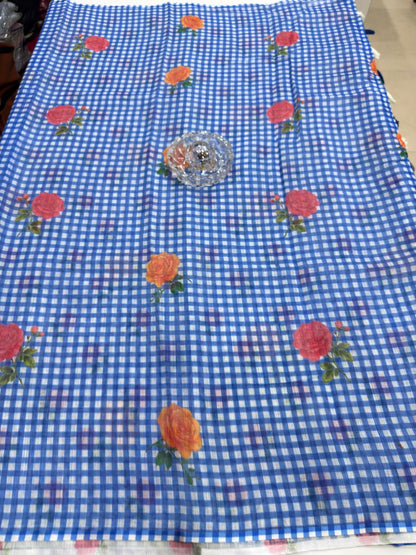 Linen Checks Printed Saree with Rose Floral Design and Matching Blouse for Women