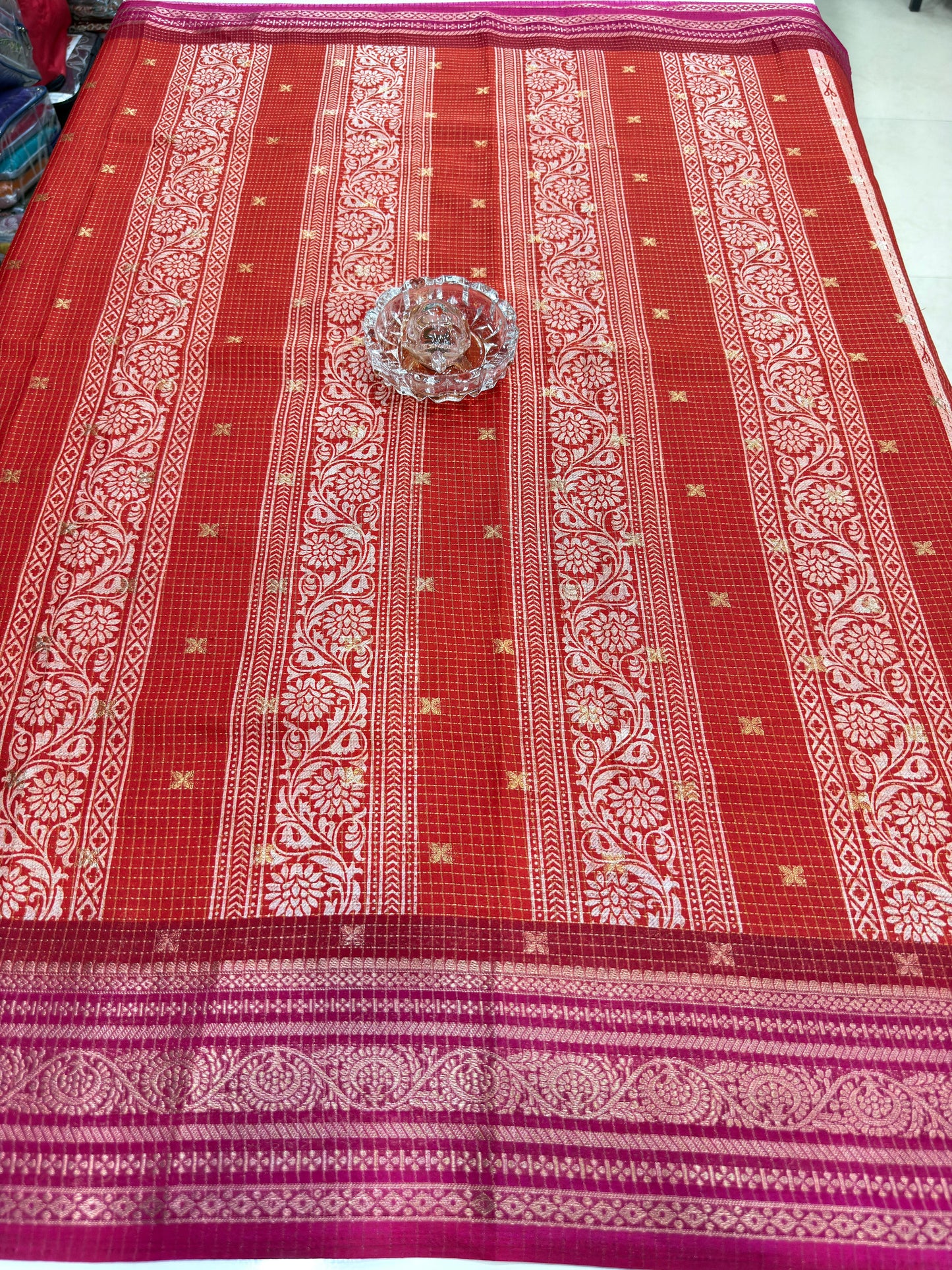 Munga pattu silk blend saree with small buti checks and zari border, women’s festive wear saree