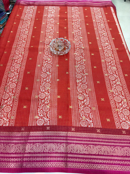 Munga pattu silk blend saree with small buti checks and zari border, women’s festive wear saree