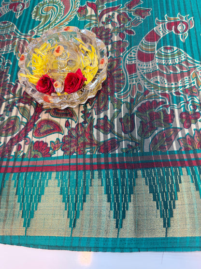 Printed Silk Blend Saree for Women with Temple Border and Traditional Ethnic Design