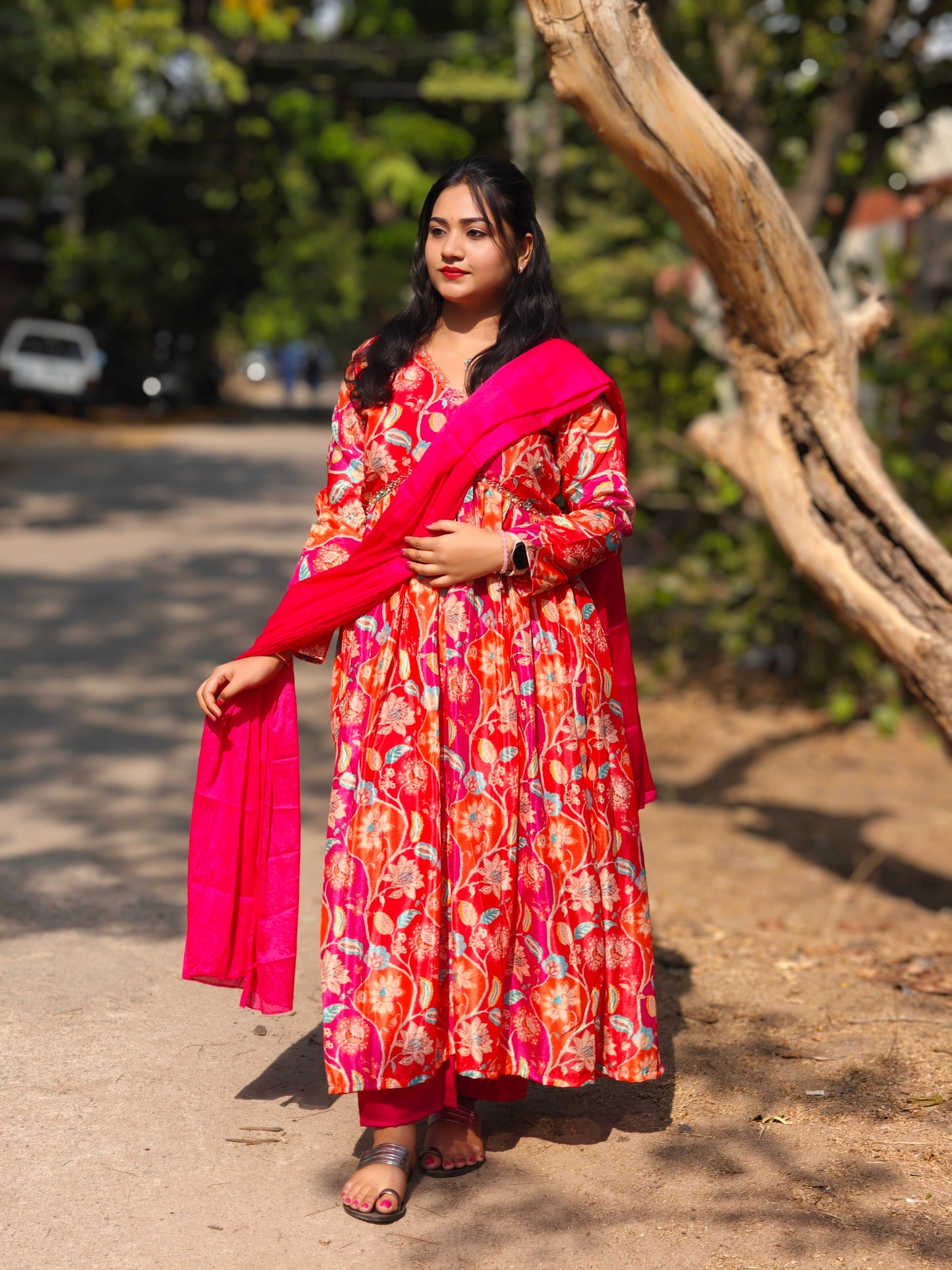 Chinnon Fabric Alia Cut Salwar Suit Set with Floral Print & Matching Dupatta – Sizes L to 2XL