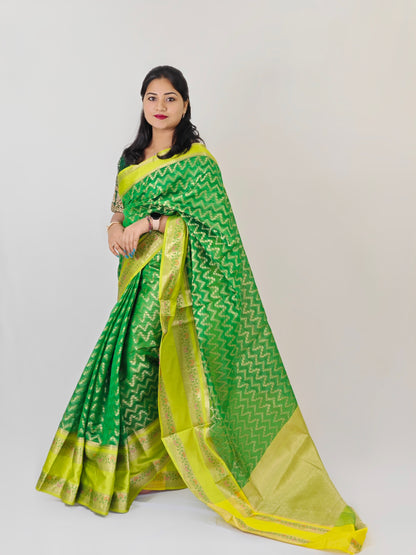 Mangalgiri Tissue Saree with Floral Design, Zari Rich Pallu, Big Border, and Contrast Blouse Piece for Women