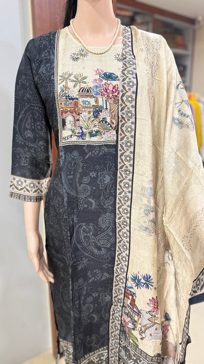 Viscose dola silk kurta pant dupatta set for women with lining, printed ethnic 3 piece set, sizes 38 to 46