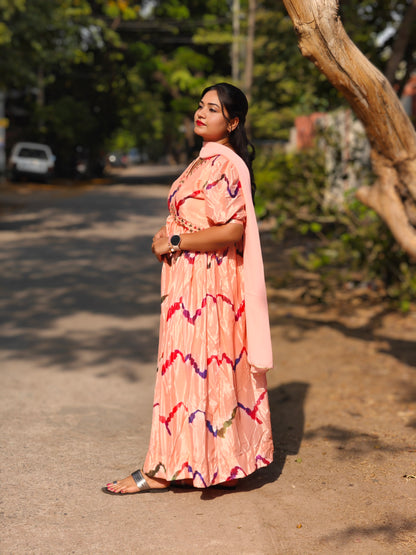 Peach Chinnon Alia Cut Kurta with Balloon Sleeves, Pant and Dupatta – Women’s Festive Set (L to 2XL)