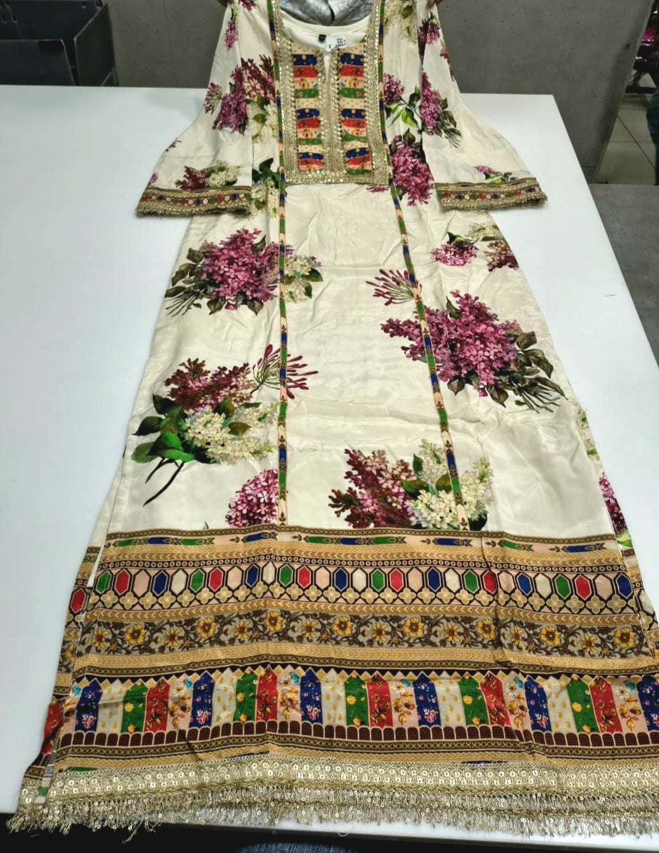 Women’s muslin long kaftan maxi dress off white floral print, yoke detailing, full length, sizes M-3XL