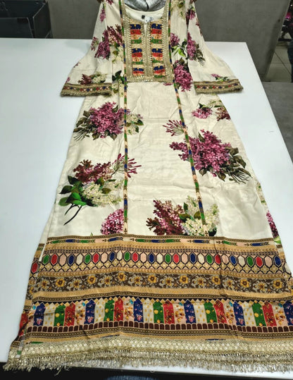 Women’s muslin long kaftan maxi dress off white floral print, yoke detailing, full length, sizes M-3XL