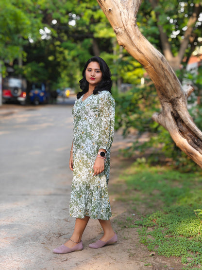 Olive Green Georgette Floral Printed A-Line Midi Dress for Women – Sizes S to XL