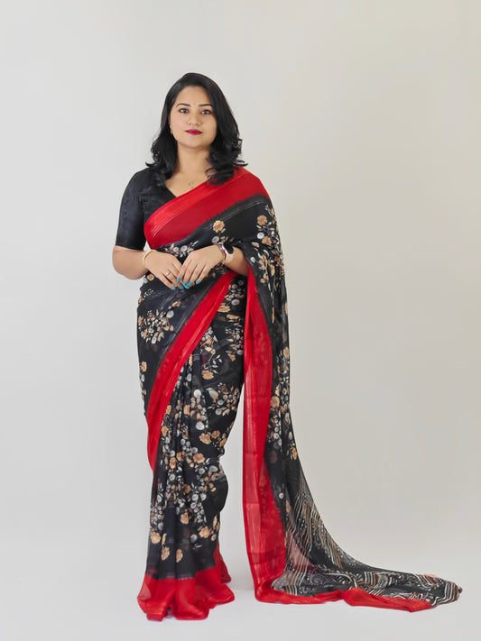 Chiffon Jari Saree with All-Over Floral Print & Contrast Printed Border – Blouse Options Available