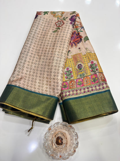 Soft Tussar Silk Printed Saree with Contrast Border, Tassels and Blouse for Women