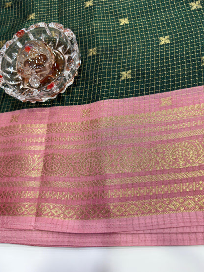 Munga pattu silk blend saree with small buti checks and zari border, women’s festive wear saree